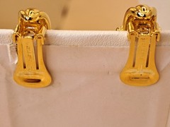 VTG Nolan Miller Clip On Earrings Gold Tone Purple Green Retro Glam Dynasty