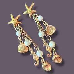 Starfish Earrings Seahorse Shell Dangle Vintage Gold Tone Faux Pearl Pierced