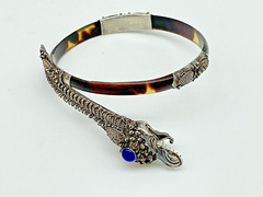 Antique Chinese Sterling Silver Dragon Faux Tortoise Shell Bypass Bracelet