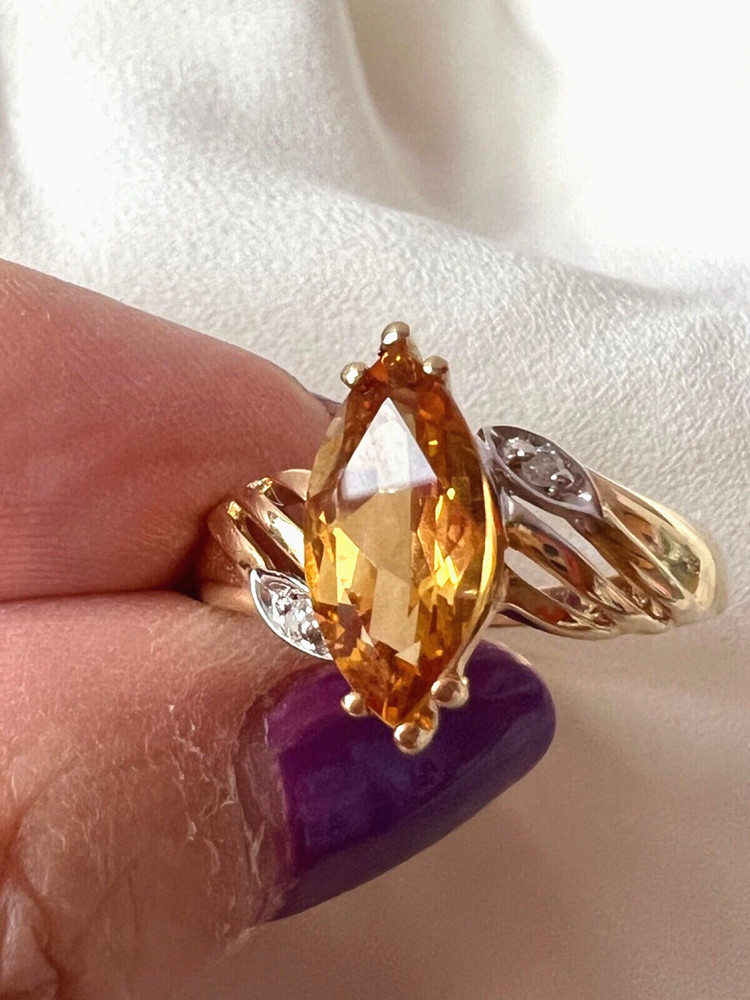 VINTAGE SOLID 14K YELLOW GOLD MARQUISE NAVETTE GOLDEN HONEY CITRINE DIAMOND RING