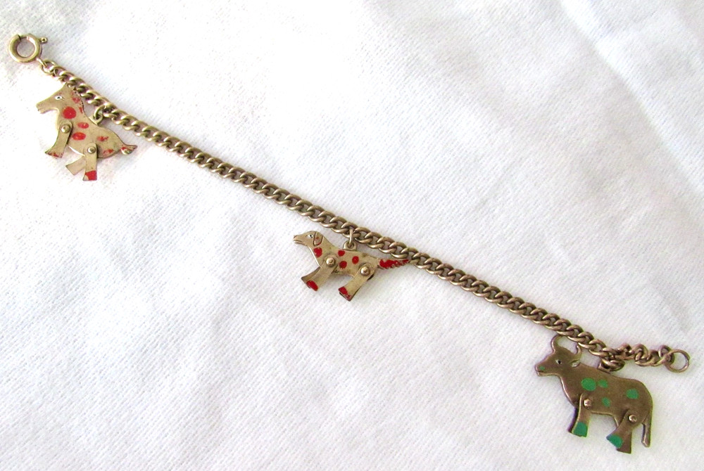 Vintage Czechoslovakia Articulated Animal Charm Bracelet PAT Enamel Farm Animals