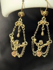 Antique Chandelier Peach Beads Earrings Alloy Metal Self Clasp Beautiful 2inch