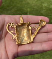 Antique-Style Gold-Tone Metal Floral Filigree Watering Can Pin Brooch Unmarked