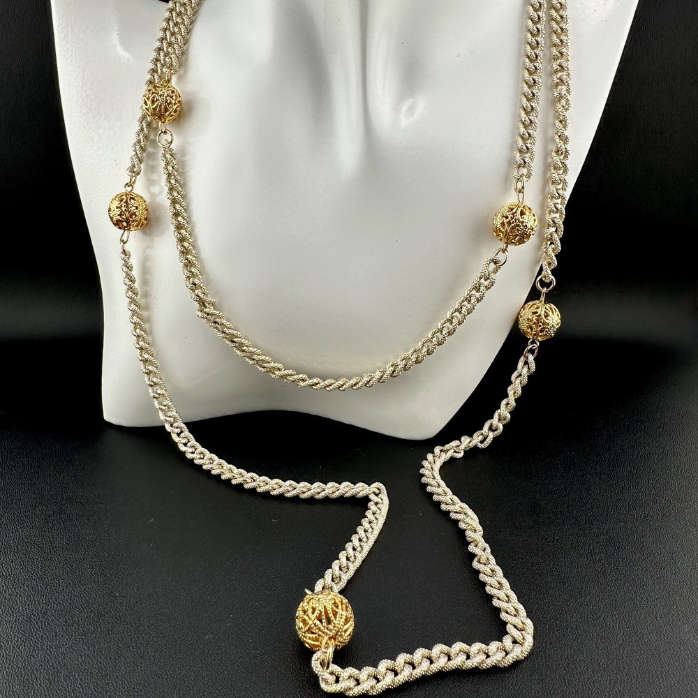 Vintage Chain Necklace Textured Gold Tone Filigree Station Ball Long Flapper 52″