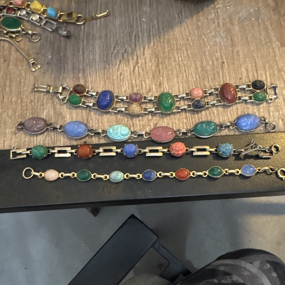 Women’s Lot of 4 Multicolor Agate Stone Link Bracelets, Mixed Metals