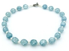 Vintage Blue Crackle Glass Cultured Pearl Bead Necklace 19″