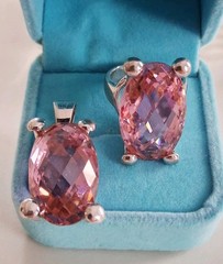 Vtg Faceted Pink Topaz Quartz Statement Ring & Pendant Set Sz 8 Sterling Silver