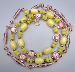 2 Vintage Murano style glass beads Pinks Lavender Lemon Yellow Necklaces