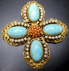 SCHREINER Amazing Turquoise Blue Faux Coral & Pearl Cross Vintage Pin Pendant