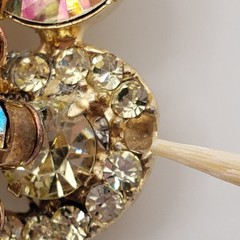Vintage Rhinestone Brooch Aurora Borealis Yellow Marquise Gold Tone Fan Shape
