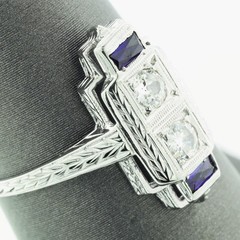 Antique 18K White Gold Mine Cut Diamond & Sapphire Engagement Ring Size 7