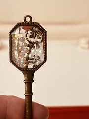 Vintage Key Charm Pendant Faceted Crystal Faux Pearl Shadow Box Victorian Style