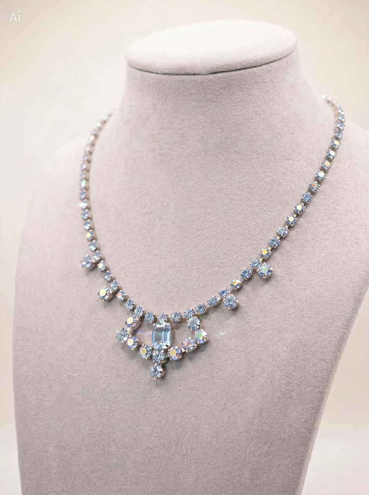 Vintage 1950s Baby Blue Rhinestone Choker Necklace Emerald Cut Drop Prong Set