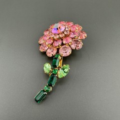 Vintage Judy Lee Rhinestone Flower Brooch Shades of AB Pink Green Long Stem READ
