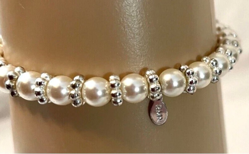 RMN Vintage Silver-Tone and Faux Pearl Stretch Bracelet