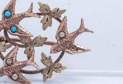 Estate Victorian 15ct Two Tone Gold Swallows Leaves Pin Brooch Round 0.9″ 1.72g