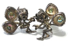 VINTAGE CYVRA PIXIE FAIRY NYMPH SCREW BACK 925 STERLING SILVER ABALONE EARRINGS