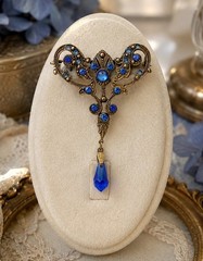 Vintage Victorian Revival Blue Glass Dangle Brooch Moonglow Cabochon Brass Pin