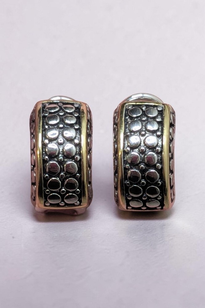 Vintage 925 Sterling Silver Dot Two Toned Half Hoop Earrings Pierced