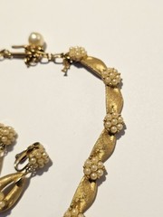 Vintage Crown Trifari Gold Tone Faux Pearl Birthday Ribbon Necklace Earrings Set