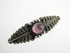 Vintage Sterling Silver Pink Tourmaline Cabochon Curled Scrolls Pin Brooch 925