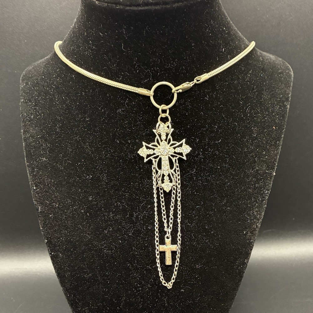 CUSTOM One-of-a-Kind Chain Necklace with a Festoon Style Cross, Silver Tone