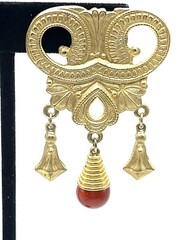 Vintage Etruscan Revival Brushed Gold Drop Dangle Lucite Red Carnelian Earrings