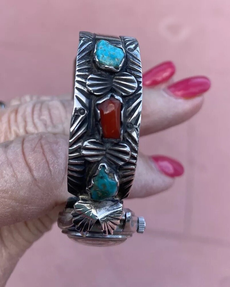 ZUNI 925 Sterling Silver VTG Turquoise Coral Ernest Borel Watch + BAND Bracelet