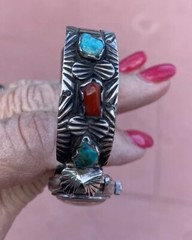 ZUNI 925 Sterling Silver VTG Turquoise Coral Ernest Borel Watch + BAND Bracelet