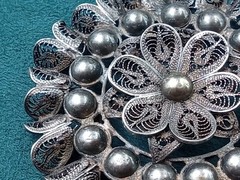 Antique Mexico Silver Ornate Filigree Flower Theme Round Pin: 2.25″ in Diameter