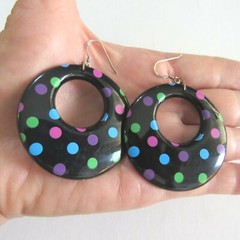Vintage Lucite Hoop Dangle Earrings Polka Dot Sterling Hook 2.5 In