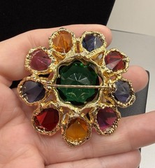 Vintage CAPRI Floral Sun Circle Gold Tone Multicolor Rhinestone Brooch