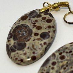 Lg Oval Asteroid Jasper Gold French Wire Earrings Natural Gemstone Earthy Casual