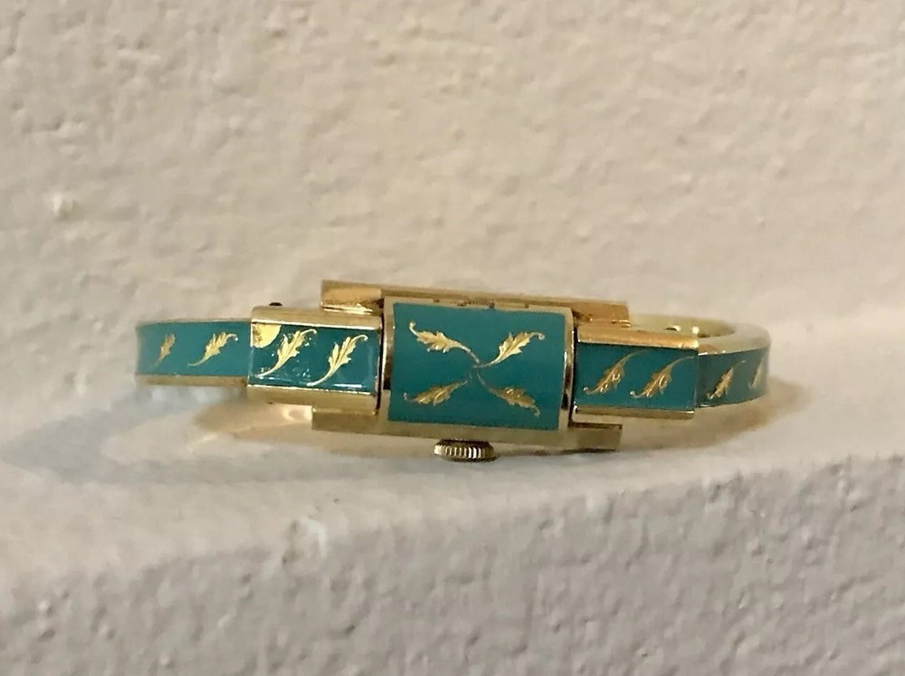 Vtg MCM Caron Women’s Swiss Bracelet Watch 20 Microns Gold w/Turquoise Enamel***