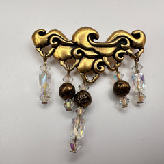 Vintage 80s Gold Tone Scrollwork Brooch Pin with Crystal Bead Dangles