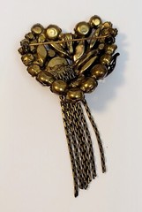 Vintage Alice Caviness AB Topaz Rhinestines Heart Brooch Chain Dangles Filigree