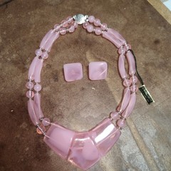 Vtg 80’s Pink Lucite Necklace Earring Set Hong Kong Moonglow Geometric Statement