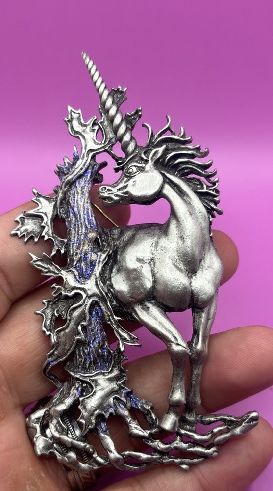 Vintage JJ Unicorn Large Brooch Pin Pewter Plated Mythical Fantasy Fairytale