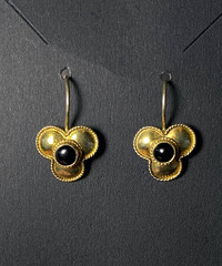 Gold Wash Sterling Silver & Black Onyx Dangle Flower Earrings Victorian Style
