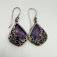 Vtg BBJ Sterling 925 Silver Purple Turquoise Dangle Earrings JTV
