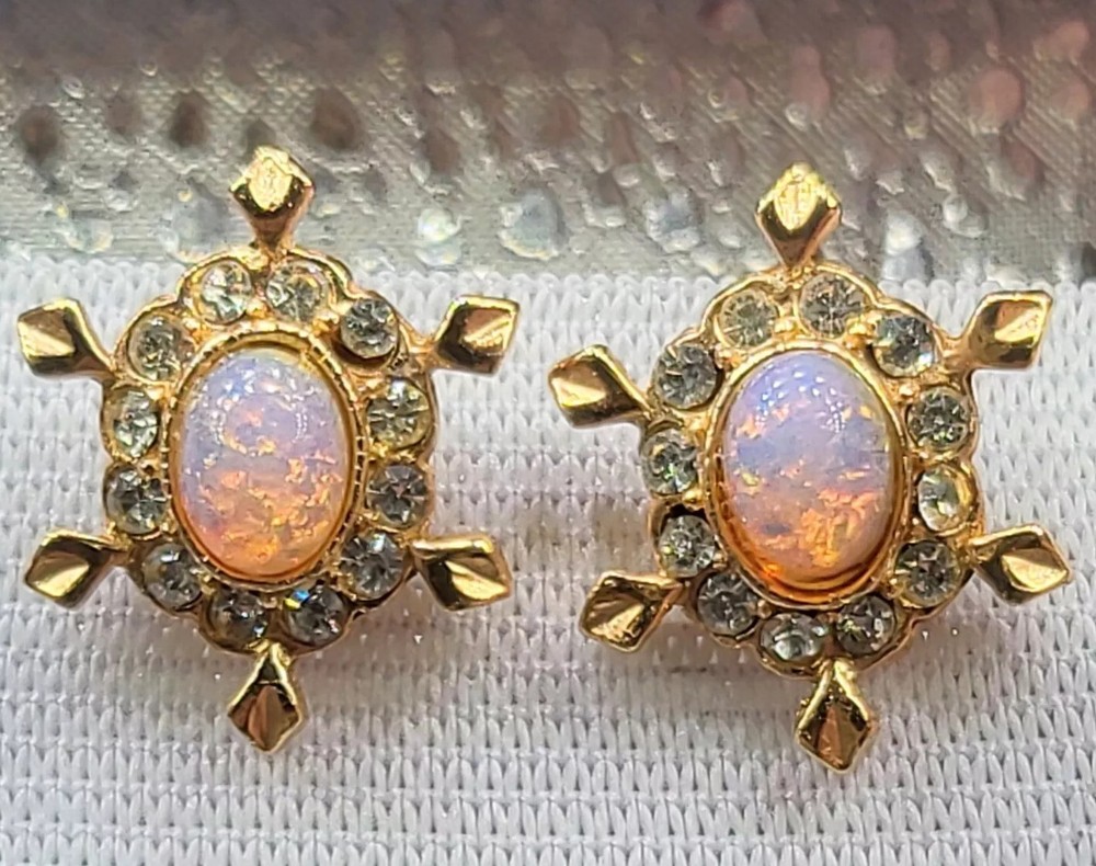 Vintage Oval Faux Fire Opal Halo Clear Rhinestone Screw Back Star Earrings