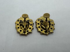 Vintage Heraldic Red Gold White Enamel Screw Back Earrings Fleur De Lis Castle