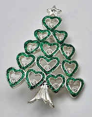 Christmas Tree Brooch Silver Tone Green Glitter Heart Clear Crystal Pin Holiday
