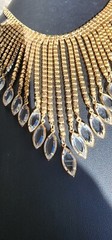 VTG Navette Bibb Necklace Gold Tone Statement AB Glass Graduated Reversible 1950