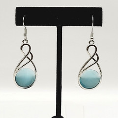 Sky Blue Round Glass Silver Tone Open Metal Drop Dangle Pierced Hook Earrings