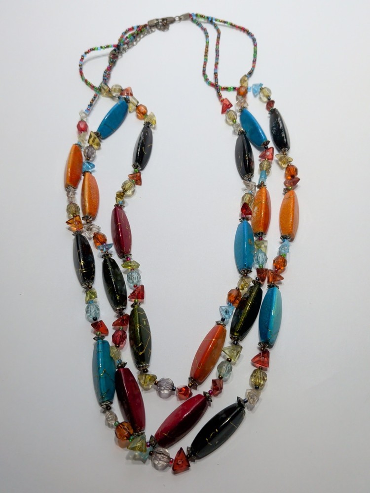 ✨VINTAGE✨ EsMor Bohemian Painted Bead Necklace 3 Strands Hand Strung Fabulous