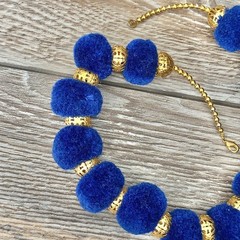 Vintage Beaded Pom Pom Statement Necklace Blue & Gold tone