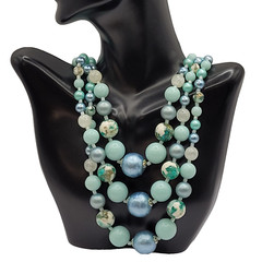 Aqua Teal Blues Multi Color Graduated Triple Strand Bead Vtg MCM Necklace Japan