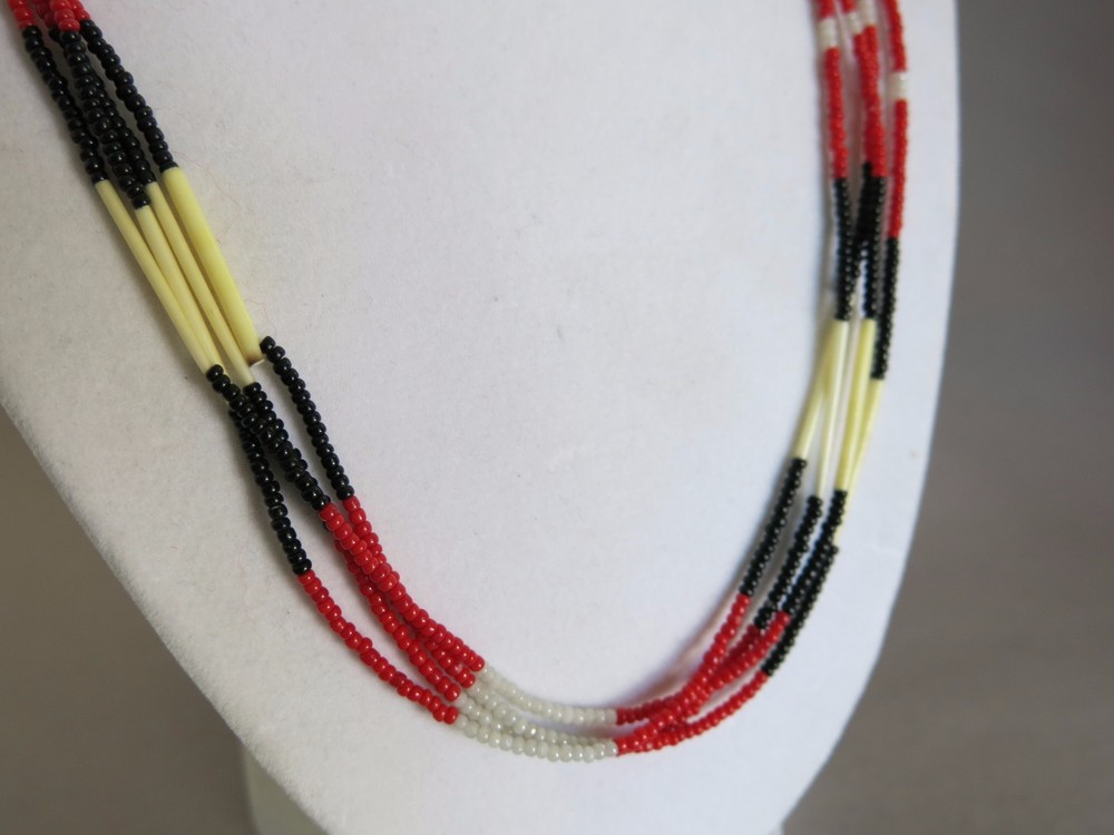 Necklace Red Gray Black 2mm Beads with Porcupine Quills 26 inch [1919]