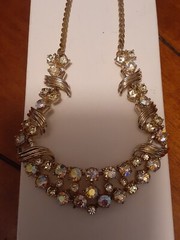 Vintage Aurora borealis gold tone bib necklace adjusts up to 19″ glamorous